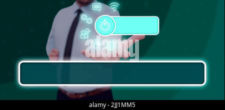 Businessman Extending The Hand And Displaying A Power Button Surrounded By Digital S In A Futuristic Design. Man Opening Computer Applications And Stock Photo