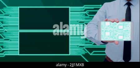 Male Engineer Showing Smartphone With Digital Patterns On Screen By Futuristic Boxes And Lines. Man With Cellphone Displaying Computer Graphics And Stock Photo