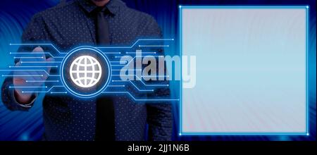 Businessman Holding A Pen On Glowing Lines With A Globe Symbol. Man Standing Presenting Crucial Information And Making A Presentation On Global Stock Photo