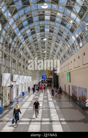 The SkyWalk is an enclosed walkway between Union Station and CN Tower and Rogers Centre in Toronto, Ontario, Canada. Stock Photo