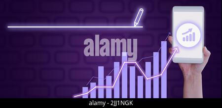 Businesswoman Hand Holding Smartphone Showing Digital Bar Graph With Arrow Symbol Moving Up. Woman Presenting Business Data And Analyzing Growth And Stock Photo