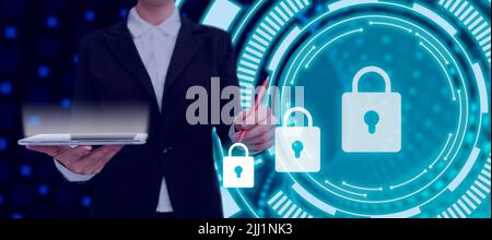 Businesswoman With A Tablet And Pen Pointing On Security For Data And Messages In An Abstract Design. Woman With A Touch Screen Device Containing Stock Photo