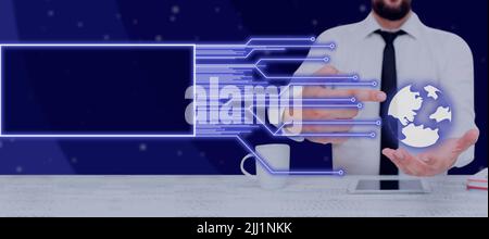 Businessman With A Tablet And Pointing On The Globe Image With Glowing Lines And A Creative Frame. Man Presenting Digital Innovation And Strategies Stock Photo