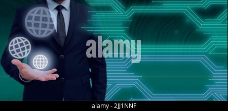 Businessman Presenting S Over Hand And Showing Important Messages. Man In Suit Displaying Different Symbols Above Palm And Crutial Informations On Stock Photo