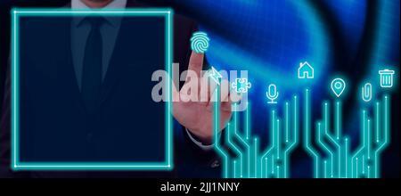Businessman Pressing On Fingerprint And Displaying Digital S On Futuristic Glowing Lines. Man In Suit Presenting Important Data And Innovations In Stock Photo