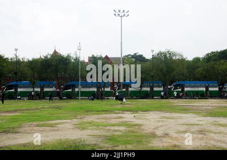 Mobile toilet trailer vehicle for service thai people foreign travelers in Sanam Luang public garden park and Phra Kaew temple or Wat Phra Si Rattana Stock Photo