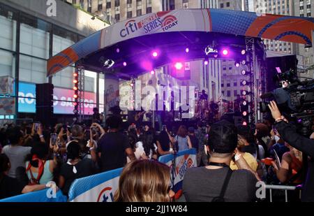 July 22, 2022, New York, USA: (NEW) Romeo Santos performs live at NBC TodayÃ¢â‚¬â„¢s Citi Summer Concert Series at Rockefeller Plaza. July 22, 2022, New York, USA: The Dominican American singer, Romeo Santos is performing live at NBC TodayÃ¢â‚¬â„¢s Citi Summer Concert Series at Rockefeller Center with the presence of fans. Romeo is the leader of bachata supergroup Aventura and he celebrates his 41st birthday on Thursday (21). He has had about seven No 1s including Ã¢â‚¬Å“OdioÃ¢â‚¬Â feat Drake and he is confirmed for this yearÃ¢â‚¬â„¢s Billboard Latin Music Week, set to take place on Sept. 26 Stock Photo