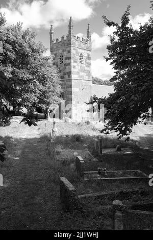 Exterior of St Wynwallow's Church (St Winwalaus). The church, England's most southerly, dates from the 12th Century and is Grade 1 listed. Stock Photo