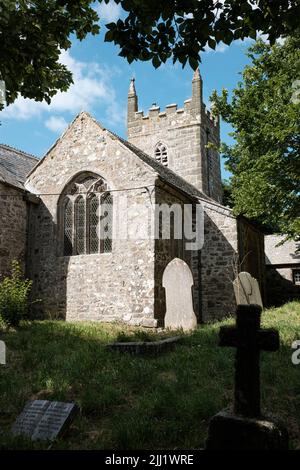 Exterior of St Wynwallow's Church (St Winwalaus). The church, England's most southerly, dates from the 12th Century and is Grade 1 listed. Stock Photo