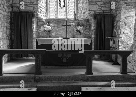 Interior of St Wynwallow's Church (St Winwalaus). The church, England's most southerly, dates from the 12th Century and is Grade 1 listed. Stock Photo