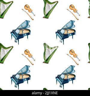 Piano, violin and harp watercolor seamless pattern on white. Illustration of classical string musical instruments hand drawn. Design element for textb Stock Photo