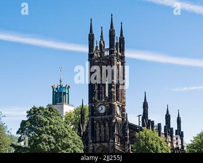 Two of the most prominent landmarks in Newcastle upon Tyne, UK are The Church of St Thomas the Martyr and Newcastle Civic Centre. Stock Photo