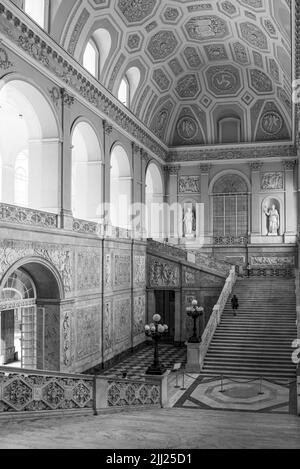 Black and white photo of luxurious interior of old palace in Naples, Italy Stock Photo