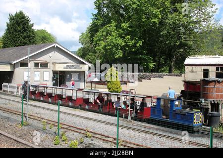 Narrow gauge model train with passengers at Conwy Valley Railway Museum, Betws-y-coed, Conwy Valley, North Wales, on 7th June 2022. Stock Photo