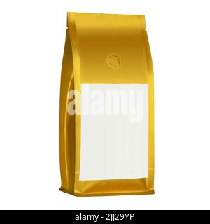 Gold empty packaging paper bag for coffee or tea, insulated on white background with trimming path ready to design product Stock Photo