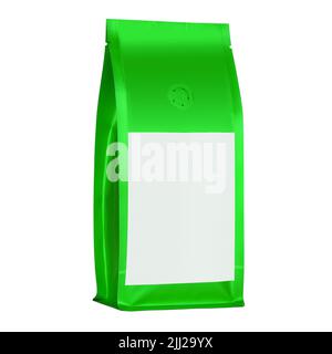 Green coffee bag isolated on white background with clipping path. Coffee packaging, blank label. Stock Photo