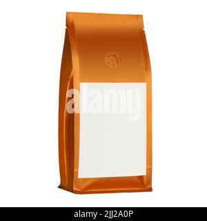 Orange foil vacuum sealed coffee bag isolated on white background. Blank label, mockup for product. Stock Photo
