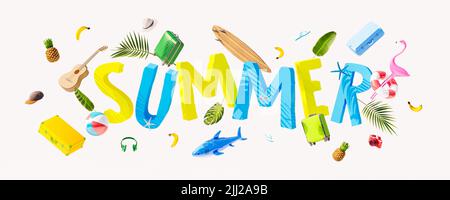 Colorful summer text with flying beach accessories on white background. Creative summer vacation concept 3D Render 3D illustration Stock Photo