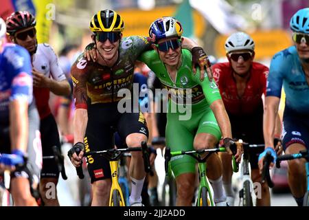 Cahors, France. 22nd July, 2022. Wout van Aert of Belgium and Team Jumbo-Visma reacts during Stage 19 of the Tour De France, Castelnau-Magnoac to Cahors. Credit: Alex Broadway/Alamy Live News Stock Photo