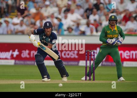 Chester le Street, England, 19 July 2022. Ben Stokes batting in his final Royal London One Day match against South Africa at The Seat Unique Riverside. Credit: Colin Edwards Stock Photo