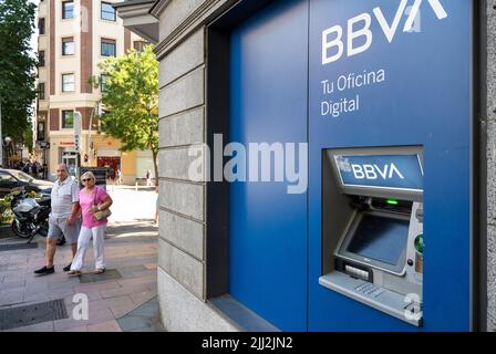 An ATM machine at the Spanish multinational Banco Bilbao Vizcaya Argentaria SA (BBVA) bank in Spain. Stock Photo