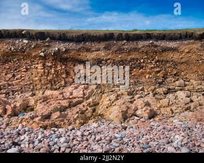 Eroding soil, subsoil and bedrock at a pebble beach near Sand Wick and Hillswick in Northmavine, Shetland, UK. Stock Photo