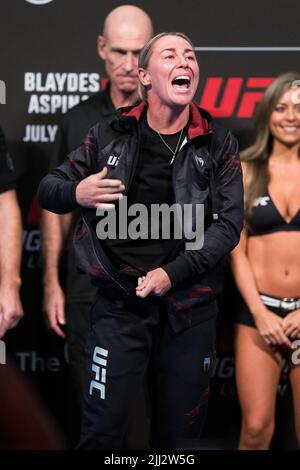 London, UK. 22nd July, 2022. English MMA fighter Molly McCann poses on the scale during the UFC Fight Night: Blaydes v Aspinall: Weigh-in at the O2 Arena on July 22, 2022, in Greenwich, London, United Kingdom. Credit: ZUMA Press, Inc./Alamy Live News Stock Photo