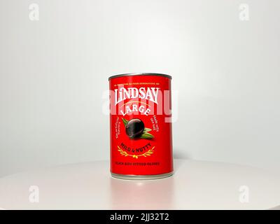 Orlando, FL USA - July 14, 2022:  A can of Lindsay Black Ripe Pitted Olives on a white background. Stock Photo