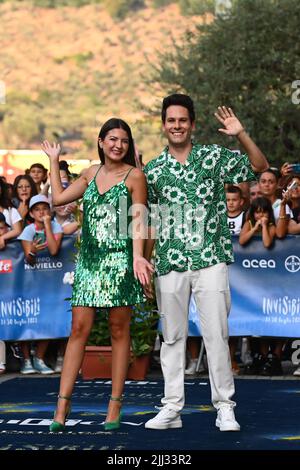 GIFFONI VALLE PIANA, ITALY - JULY 22: Film writer Luigi Calagna and actor Sofia Scalia of Me Contro Te attend the blue carpet at the Giffoni Film Fest Stock Photo