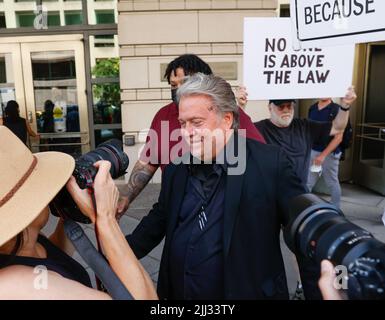 Washington DC, USA. 22nd July, 2022. Steve Bannon, former adviser to Donald Trump, departs at U.S. Federal Court after being found guilty of his Contempt of Congress trial in Washington, DC on Friday, July 22, 2022. Photo by Jemal Countess/UPI Credit: UPI/Alamy Live News Stock Photo