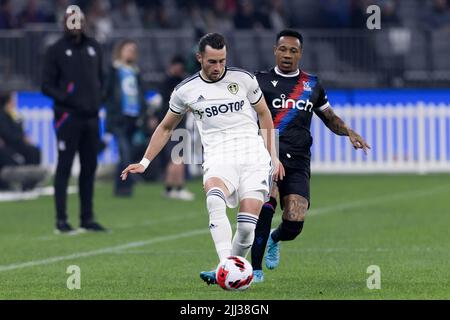 Perth, Australia, 22 July, 2022. Jack Harrison of Leeds United kicks the ball during the ICON Festival of International Football match between Crystal Palace and Leeds United at Optus Stadium on July 22, 2022 in Perth, Australia. Credit: Graham Conaty/Speed Media/Alamy Live News Stock Photo