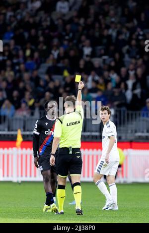 Perth, Australia, 22 July, 2022. David Ozoh of Crystal Palace is booked during the ICON Festival of International Football match between Crystal Palace and Leeds United at Optus Stadium on July 22, 2022 in Perth, Australia. Credit: Graham Conaty/Speed Media/Alamy Live News Stock Photo