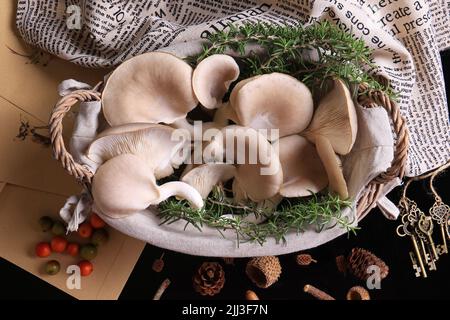 Freshly harvested oyster mushrooms in a basket. Stock Photo