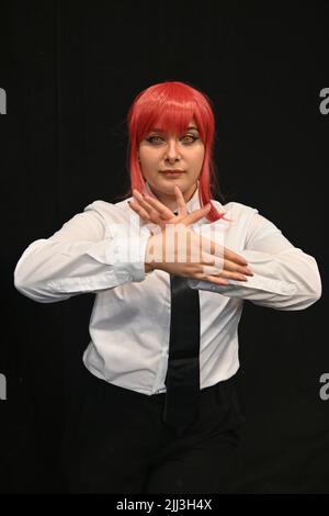 London, UK. 22 July, 2022. Attendees dress up as Cosplay costume at HYPER Live 2022 with many stalls exhibition and live performers at the Evolution London, Chelsea Bridge, London, UK. Stock Photo