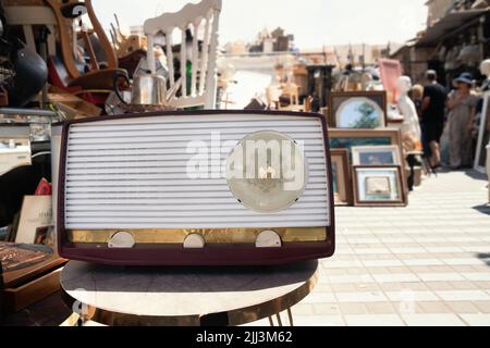 Tel Aviv, Israel - July 15, 2022: Old radio receiver on the flea market close up Stock Photo