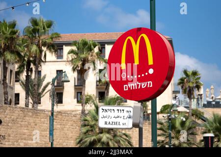 Tel Aviv, Israel-July 15, 2022: McDonald's sign in Tel Aviv, Israel. Stock Photo