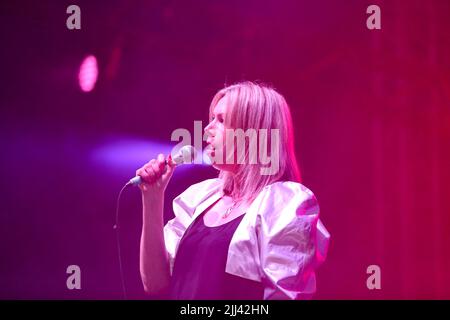 Jodrell Bank, Cheshire, UK. 22nd July, 2022. Singer/ songwriter Jane Weaver performs live on the Orbitt Stage at Bluedot 2022 Festival at Jodrell Bank Observatory, Cheshire. Stock Photo