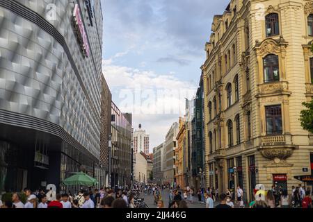 Leipzig, Germany - June 25, 2022: View through the Bruehl past the department store 'Hoefe am Bruehl' or colloquially called 'tin can'. Shopping mall Stock Photo