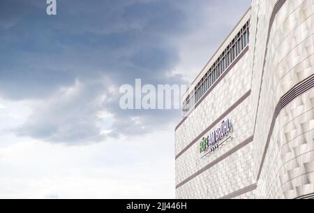 Leipzig, Germany - June 25, 2022: Street view of the shopping mall Hoefe am Bruehl or colloquial Blechbuechse translated as tin, popular name of the f Stock Photo