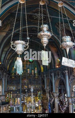 Interior view of Panagia Megalochari cathedral church or Virgin Mary in Tinos island. It is the patron saint of Tinos and considered as the saint prot Stock Photo