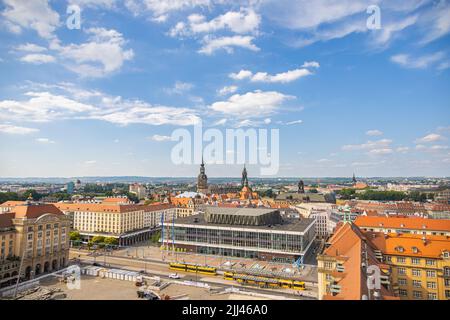 Dresden, Germany - June 28, 2022: Aerial view of the Dresden skyline. Via the Altmarkt to the Kulturpalast to the Hofkirche and the Frauenkirche on th Stock Photo