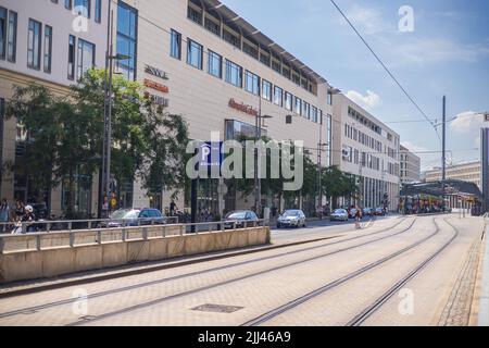Dresden, Germany - June 28, 2022: View of the Altmarkt Galerie, a large shopping center on Dresden's Altmarkt. At Christmas, the so-called Striezelmar Stock Photo