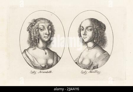 Aletheia Talbot, Lady Arundel, wife of Thomas Howard, 14th Earl of Arundel, 1590-1654, and her daughter-in-law Elizabeth Stuart, Lady Mowbray, wife of Henry Howard, 15th Earl of Arundel, 1610-1674. Copperplate engraving after Wenceslaus Hollar from Samuel Woodburn’s Gallery of Rare Portraits Consisting of Original Plates, George Jones, 102 St Martin’s Lane, London, 1816. Stock Photo