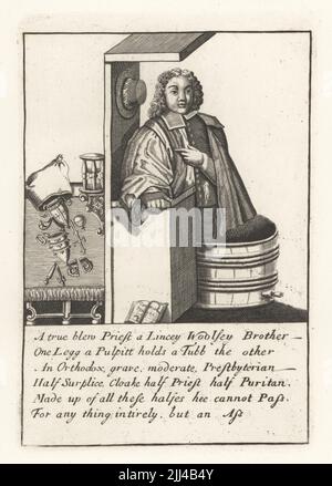 Caricature of Gilbert Burnet, Scottish philosopher and historian, author and poet, Bishop of Salisbury, 1643-1715. One leg in a tub, one in a pulpit, with six satirical English verses. Mitres, orb, crown and Christian paraphernalia falling from a sack at left. Half Surplice, cloake, half Priest, half Puritan. Copperplate engraving from Samuel Woodburn’s Gallery of Rare Portraits Consisting of Original Plates, George Jones, 102 St Martin’s Lane, London, 1816. Stock Photo