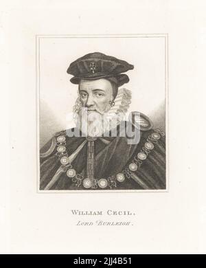 William Cecil, 1st Baron Burghley, 1520-1598. English statesman, the chief adviser of Queen Elizabeth I. In the ceremonial robes of a Knight of the Garter with gold collar. Lord Burleigh. Copperplate engraving after a painting attributed to Marcus Gheeraerts the Younger from Samuel Woodburn’s Gallery of Rare Portraits Consisting of Original Plates, George Jones, 102 St Martin’s Lane, London, 1816. Stock Photo