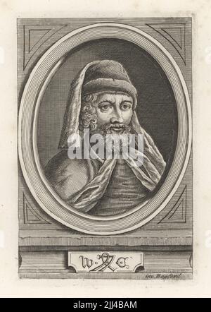 Oval portrait of William Caxton, English printer, c. 1422 – c. 1491. with his printer's mark. English merchant, diplomat, and writer. First to introduce a printing press into England, in 1476, and first English printer and retailer of printed books. Original plate by Bagford. Copperplate engraving from Samuel Woodburn’s Gallery of Rare Portraits Consisting of Original Plates, George Jones, 102 St Martin’s Lane, London, 1816. Stock Photo