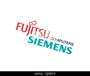 Fujitsu Siemens Computers, gedrehtes Logo, Weisser Hintergrund B Stock Photo