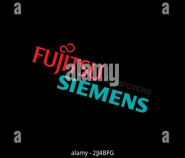 Fujitsu Siemens Computers, gedrehtes Logo, Schwarzer Hintergrund B Stock Photo
