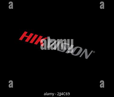 Hikvision, rotated logo, black background B Stock Photo