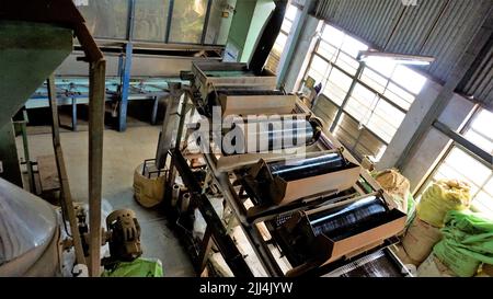 Ooty,Tamilnadu,India-April 30 2022: Assembly line of processing of tea leaves by machines from raw material leaves to finished tea power. Leaves are t Stock Photo